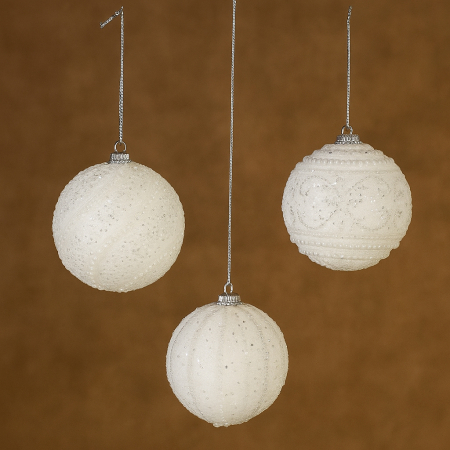 Set 12 globuri decorative cu sclipici si paiete, 3 modele asortate, diametru 8 cm, alb [3]
