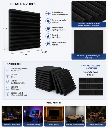 Unelte, Scule & Piese Accesorii - Set 12 panouri fonoabsorbante ORIGINAL DEALS, negre, din material acustic tip burete, 30 x 30 x 2 cm fiecare, cu suprafata totala de 1.08 mp. Sunt destinate absorbtiei fonice si imbunatatirii acusticii in spatii interioare precum studio, gaming, home theater, birou sau camera de repetitii. Conform informatiilor furnizate, materialul se expandeaza la forma maxima in aproximativ 24 de ore dupa despachetare.