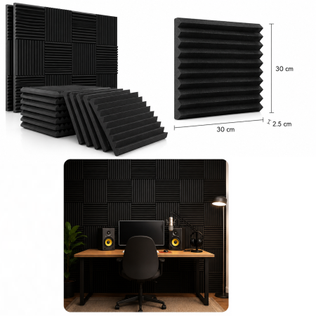 Set 12 panouri fonoabsorbante ORIGINAL DEALS, negre, din material acustic tip burete, 30 x 30 x 2 cm fiecare, cu suprafata totala de 1.08 mp. Sunt destinate absorbtiei fonice si imbunatatirii acusticii in spatii interioare precum studio, gaming, home theater, birou sau camera de repetitii. Conform informatiilor furnizate, materialul se expandeaza la forma maxima in aproximativ 24 de ore dupa despachetare. [3]