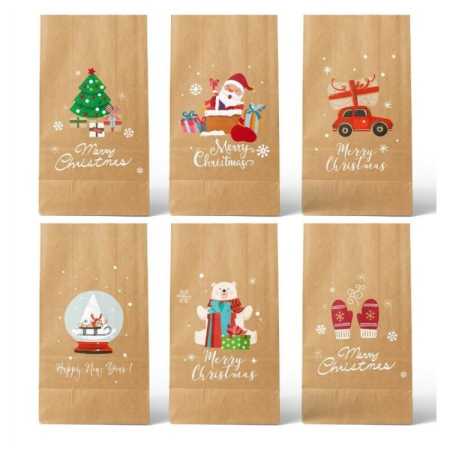 Set 12 Pungi de Cadou, , Tema Craciun, 12 Stickere Incluse, 22 x 12 x 8 cm, din Hartie, Maro [2]