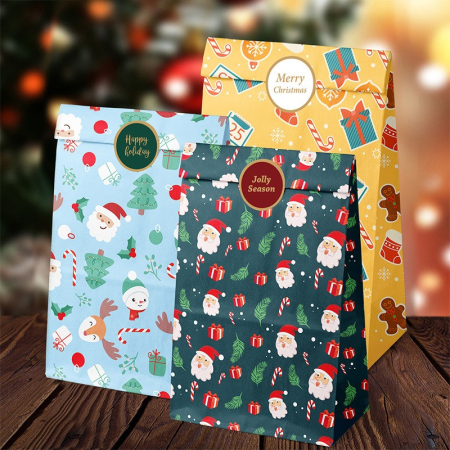 Set 12 Pungi de Cadou, , Tema Craciun, cu Motive Festive, 12 Stickere Incluse, 24 x 13 x 8 cm, din Hartie, Multicolor [1]