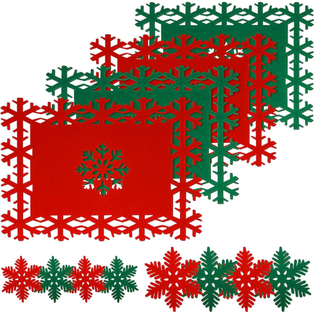 Articole Craciun Bucatarie - Set 12 Servete pentru Masa si Suporturi de Pahare/Tacamuri, , 4 Servete 25x35 cm, 4 Suporturi de 13x15 cm, 4 Suporturi de 9.3x10.5 cm, Verde-Rosu