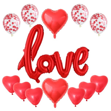 Seturi Baloane Folie - Set 13 Baloane din Folie Metalizata si din Latex, , Figurine Litere si Inima, Model Love, Tema Ziua Indragostitilor, Baloane Party cu Confetti, 102x65cm, 45 cm, 30 cm, Pai Inclus, Umflare cu Aer sau Heliu, Rosu