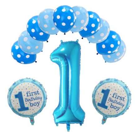 Tematica Fata/Baiat - Set 13 baloane, pentru Prima Aniversare, 10 baloane latex, 2 baloane rotunde folie, cifra 1, albastru