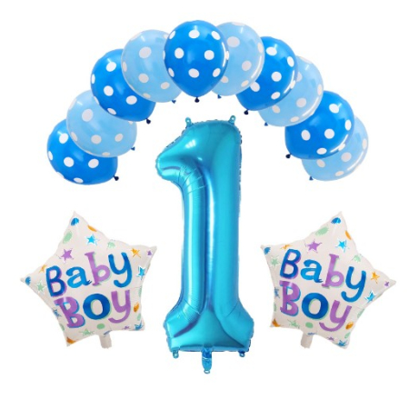 Tematica Fata/Baiat - Set 13 baloane, pentru Prima Aniversare, 10 baloane latex, 2 baloane stea folie, cifra 1, Albastru