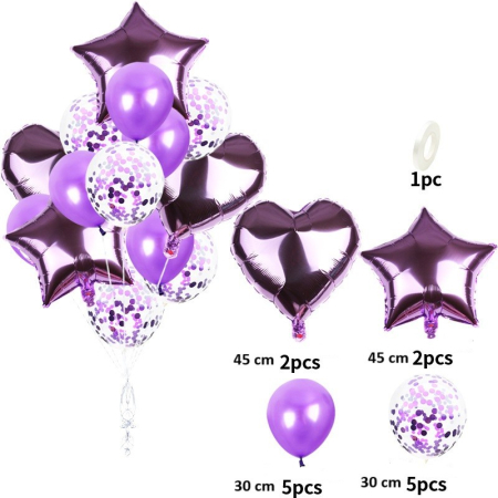 Set 14 Baloane din Folie Metalizată si din Latex, , Figurine Stea si Inima 45 cm, Baloane Latex 30 cm, Tema Buchet, Ambalaj Individual, Pai Inclus, Umflare cu Aer sau Heliu, Mov [1]