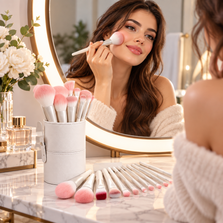 Ingrijire Personala & Cosmetice - Set 14 Pensule de Machiaj cu Peri Moi si Suport de Depozitare, Bej - ORIGINAL DEALS
