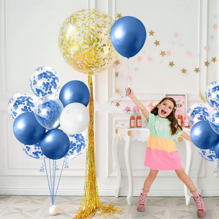 Set 16 Baloane din Latex Metalizate, , Model Party, 30 cm, Alb, Albastru, Albastru Chrome, Transparent Confetti 2.8 g [1]