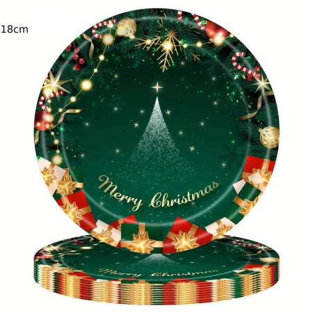 Set 16 Farfurii de Unica Folosinta, , Model Brad de Craciun Merry Christmas, Tematica Craciun, 18 cm, Verde [4]