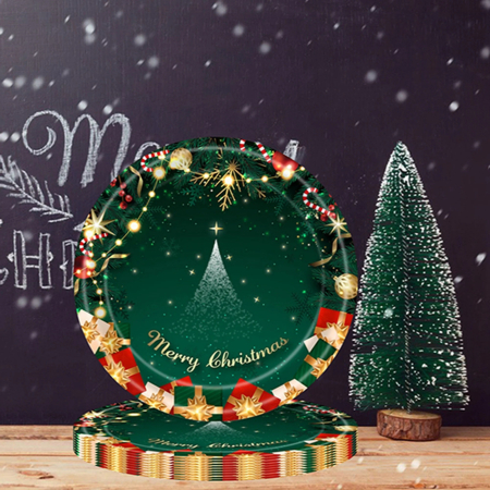 Set 16 Farfurii de Unica Folosinta, , Model Brad de Craciun Merry Christmas, Tematica Craciun, 18 cm, Verde [2]