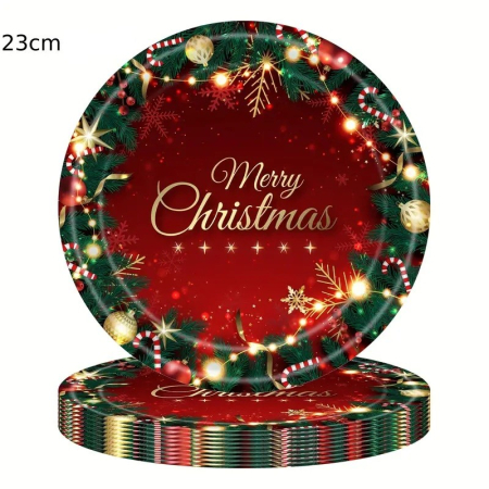 Set 16 Farfurii de Unica Folosinta, , Model Merry Christmas, Tematica Craciun, 23 cm, Rosu/Verde [4]