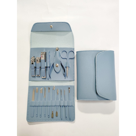 Set 16 Piese de Ingrijire Cosmetica, , pentru Manichiura, Pedichiura, Fata, Geanta Organizatoare din Piele Ecologica Inclusa, Albastru [1]