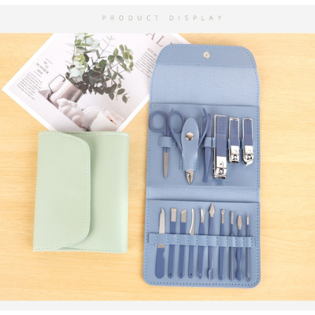 Set 16 Piese de Ingrijire Cosmetica, , pentru Manichiura, Pedichiura, Fata, Geanta Organizatoare din Piele Ecologica Inclusa, Albastru [6]