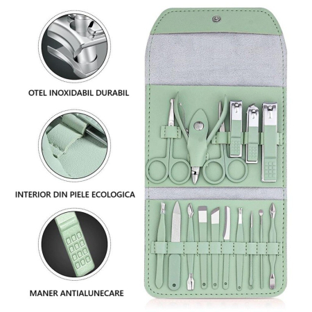 Set 16 Piese de Ingrijire Cosmetica, , pentru Manichiura, Pedichiura, Fata, Geanta Organizatoare din Piele Ecologica Inclusa, Verde [4]