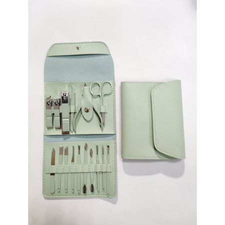 Set 16 Piese de Ingrijire Cosmetica, , pentru Manichiura, Pedichiura, Fata, Geanta Organizatoare din Piele Ecologica Inclusa, Verde [1]