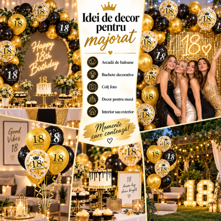 Idei de decor cu baloane aurii negre si confetti pentru majorat