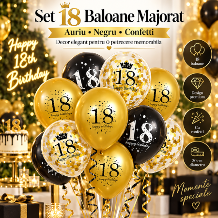 Jucarii, Rubik & Baloane - Set 18 baloane ORIGINAL DEALS pentru majorat, latex, 30 cm, auriu, negru si transparent cu confetti