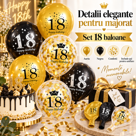 Set 18 baloane ORIGINAL DEALS pentru majorat, latex, 30 cm, auriu, negru si transparent cu confetti [11]