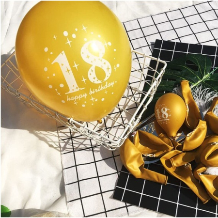 Set 18 Baloane Majorat, , din Latex, Metalizate, Mesaj 18 Happy Birthday, 30 cm, cu Confetti, Auriu/Negru [3]