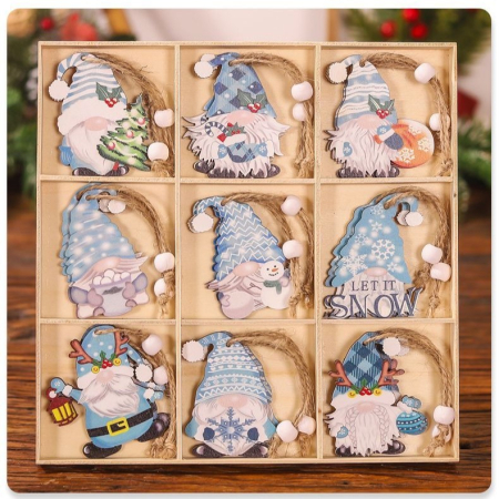 Set 18 Decoratiuni de Craciun din Lemn, , cu Snur pentru Agatare in Brad, Model Gnomi, Diferite Dimensiuni, Albastru [1]