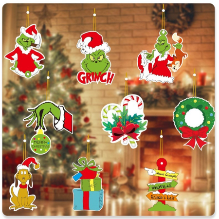 Set 18 Decoratiuni de Craciun din Lemn, , cu Snur pentru Agatare in Brad, Model Grinch, Diferite Dimensiuni, Multicolor [2]