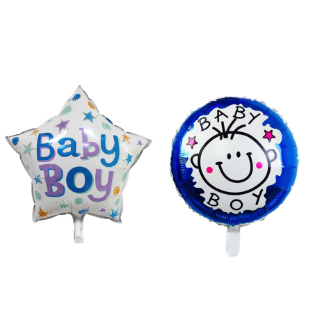 Tematica Fata/Baiat - Set 2 Baloane din Folie Metalizata, , Figurine Stea si Cerc, Tema Botez Baietel, 45 cm, Ambalaj Individual, Pai Inclus, Umflare cu Aer sau Heliu, Albastru