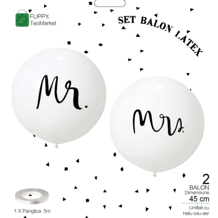 Set 2 Baloane din Latex, , Tip Jumbo, Model Mr si Mrs, Tema Nunta, 45 cm, Alb [6]