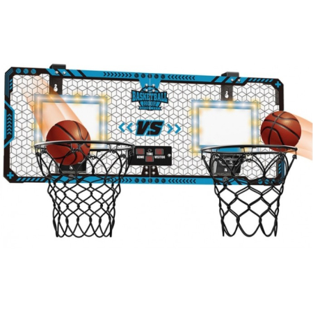 Jucarii interactive - Set 2 Cosuri de Baschet pentru Copii, , cu Tablou de Bord Electronic, Pentru 2 Jucatori, Minge, Pompa, 2 Moduri, Interior/Exterior, Inel Metalic si Rabatabil cu Arc, Luminos, 60x31x6 cm, Multicolor