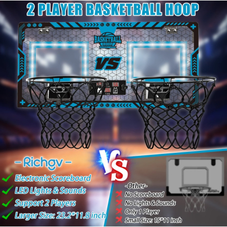 Set 2 Cosuri de Baschet pentru Copii, , cu Tablou de Bord Electronic, Pentru 2 Jucatori, Minge, Pompa, 2 Moduri, Interior/Exterior, Inel Metalic si Rabatabil cu Arc, Luminos, 60x31x6 cm, Multicolor [6]
