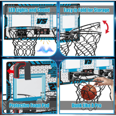 Set 2 Cosuri de Baschet pentru Copii, , cu Tablou de Bord Electronic, Pentru 2 Jucatori, Minge, Pompa, 2 Moduri, Interior/Exterior, Inel Metalic si Rabatabil cu Arc, Luminos, 60x31x6 cm, Multicolor [8]