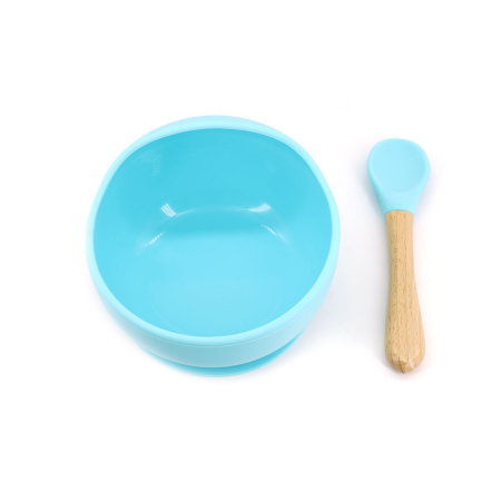 ✨TOATE PRODUSELE✨ - Set 2 piese diversificare bebelusi si copii din silicon , bol cu ventuza, lingurita din lemn si silicon, pentru gustari, fara alergeni, albastru