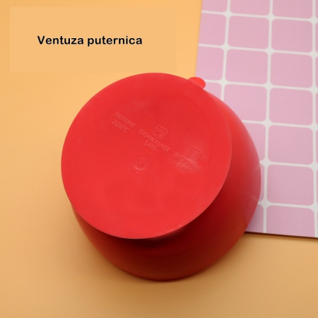 Set 2 piese diversificare bebelusi si copii din silicon , bol cu ventuza, lingurita din lemn si silicon, pentru gustari, fara alergeni, rosu [3]
