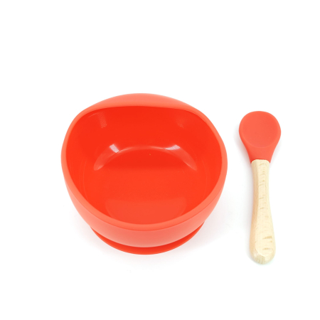 ✨TOATE PRODUSELE✨ - Set 2 piese diversificare bebelusi si copii din silicon , bol cu ventuza, lingurita din lemn si silicon, pentru gustari, fara alergeni, rosu