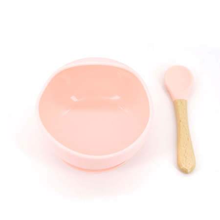 ✨TOATE PRODUSELE✨ - Set 2 piese diversificare bebelusi si copii din silicon , bol cu ventuza, lingurita din lemn si silicon, pentru gustari, fara alergeni, roz