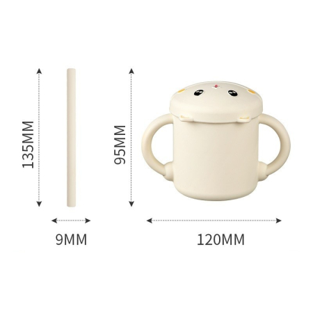 Set 2 Piese Hranire Bebelusi si Copii, , Cana cu Capac si Pai, din Silicon, fara BPA, de la 12 Luni, Model Pisicuta, 12 x 9.5 x 11 cm, Bej [3]