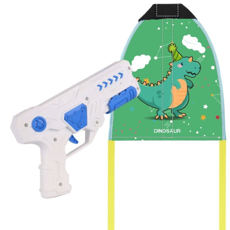 Jucarii interactive - Set 2 Piese Jucarie Interactiva, , Pistol de Catapultare + Zmeu, din Plastic si Panza, +8 Ani, Impermeabil, Model Dinozaur Verde, Multicolor