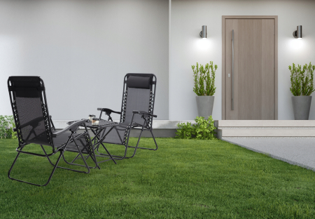 Set 2 sezlonguri pliabile 90x65x110 cm cu masuta 50x50x50 cm, textilene si cadru metalic, negru [5]