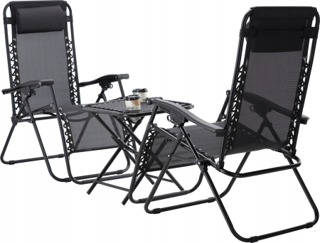 Set 2 sezlonguri pliabile 90x65x110 cm cu masuta 50x50x50 cm, textilene si cadru metalic, negru [9]