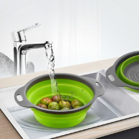 Set 2 strecuratori pliabile din silicon alimentar , cu manere, fund antiaderent si antialunecare, rotunda, doua dimensiuni, usor de depozitat, compatibil cu masina de spalat vase, verde [4]