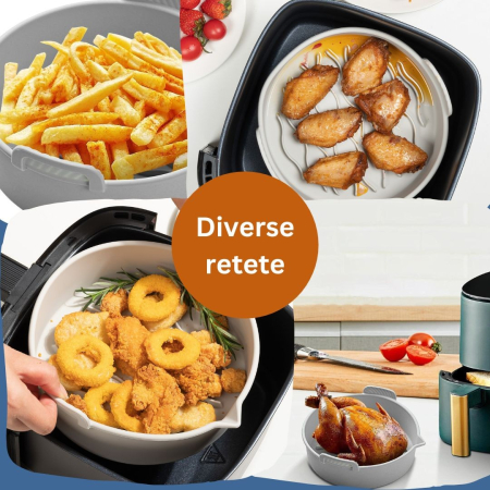 Set 2 tavi din silicon ecologic pentru air fryer , temperatura maxima 230 grade, reutilizabile, reciclabile, cu manere anti-alunecare, fund antiaderent, 18.7 x 19.5 x 7 cm, gri [3]
