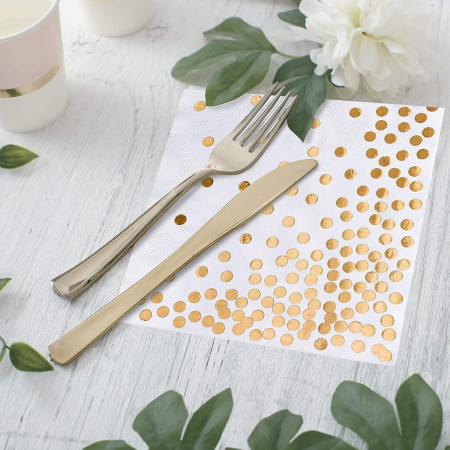 Set 20 de Servetele de Masa, , Imprimeu cu Buline Aurii, din Hartie, 17 x 17 cm, Alb [1]