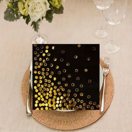Set 20 de Servetele de Masa, , Imprimeu cu Buline Aurii, din Hartie, 17 x 17 cm, Negru [3]