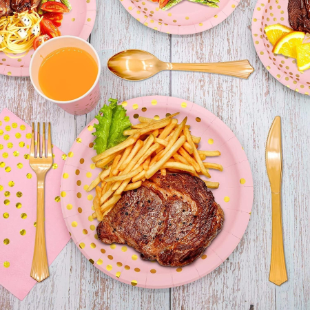 Set 20 de Servetele de Masa, , Imprimeu cu Buline Aurii, din Hartie, 17 x 17 cm, Roz [4]