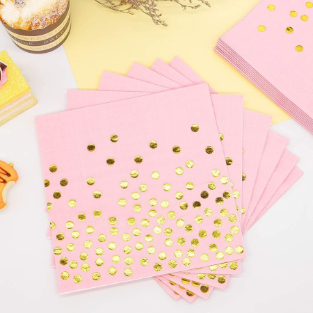 Set 20 de Servetele de Masa, , Imprimeu cu Buline Aurii, din Hartie, 17 x 17 cm, Roz [5]