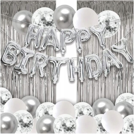 Set 24 de baloane folie si latex, 10 baloane latex simple, 10 bloane latex cu paiete, 4 baloane folie, ribon, 1x2 m perdea, Argintiu [1]