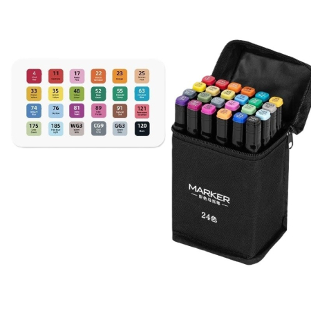 Markere si Set Desen - Set 24 Markere, , pe Baza de Ulei, Dublu Capat, Subtire 1mm si Gros 6 mm, Geanta Depozitare, 15 cm, Multicolor