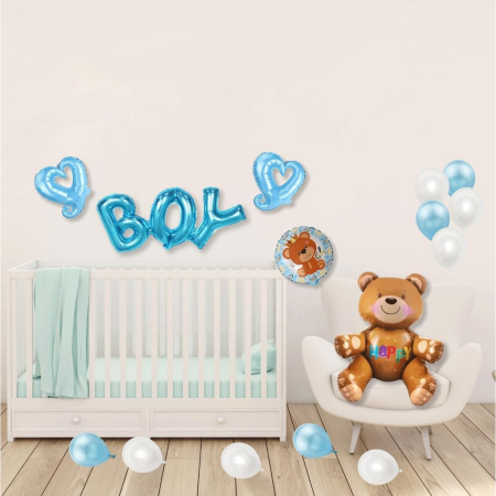 Set 25 Baloane, , din Latex si Folie de Aluminiu, Model Ursulet/Boy, Diferite Marimi, Albastru [1]