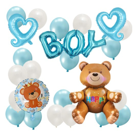 Seturi Baloane Folie - Set 25 Baloane, , din Latex si Folie de Aluminiu, Model Ursulet/Boy, Diferite Marimi, Albastru