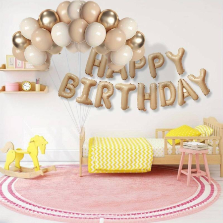 Set 25 de Baloane din Folie Metalizata si Latex, , Figurine 2 Stele, 4 Baloane Confetti, 13 Litere, 6 Latex, Model Happy Birthday, Tema Aniversare, 40 cm, Ambalaj Individual, Pai Inclus, Umflare cu Aer sau Heliu, Bej [5]