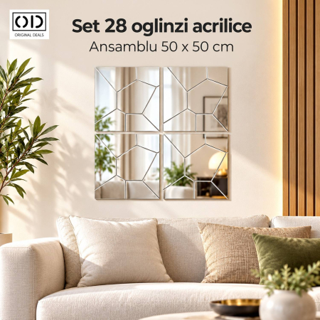 ✨TOATE PRODUSELE✨ - Set 28 Oglinzi Acrilice din PVC, Autoadezive pentru Decor Living, 50 x 50 cm